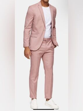 Topman Slim Fit Pink Suit 2-Piece Set Size 42R Jacket 34x32 Pants Wedding Prom